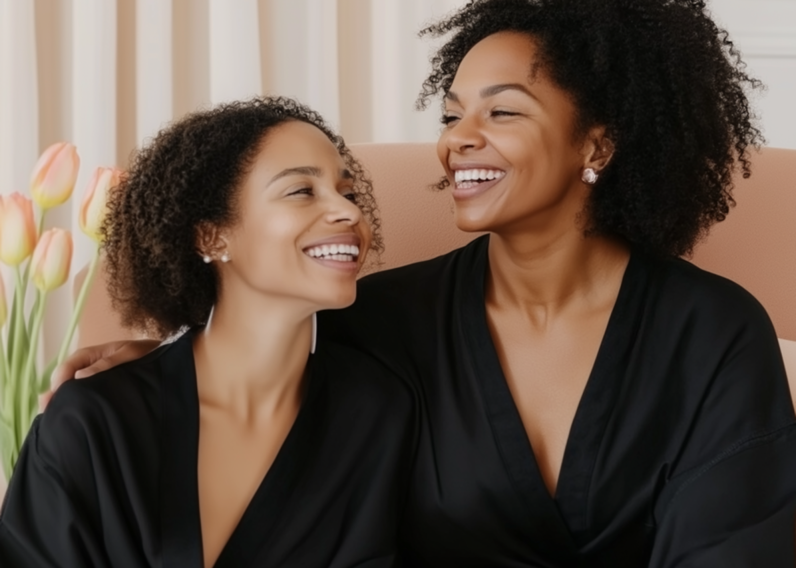 Mother and daughter smiling with a flower in the background Mother and daughter smiling with a flower in the background